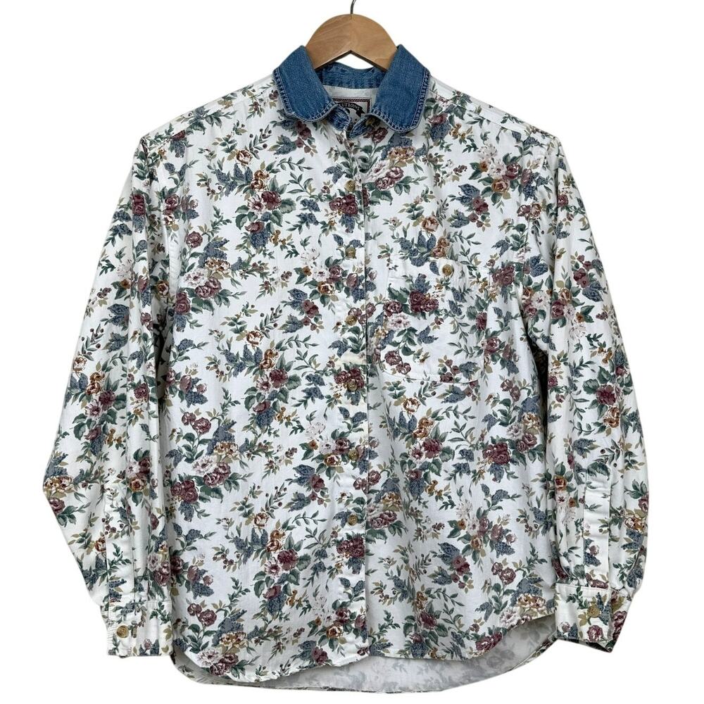 Vintage Floral Cotton Button Down Shirt Denim Collar Cottagecore 90s Petite S
